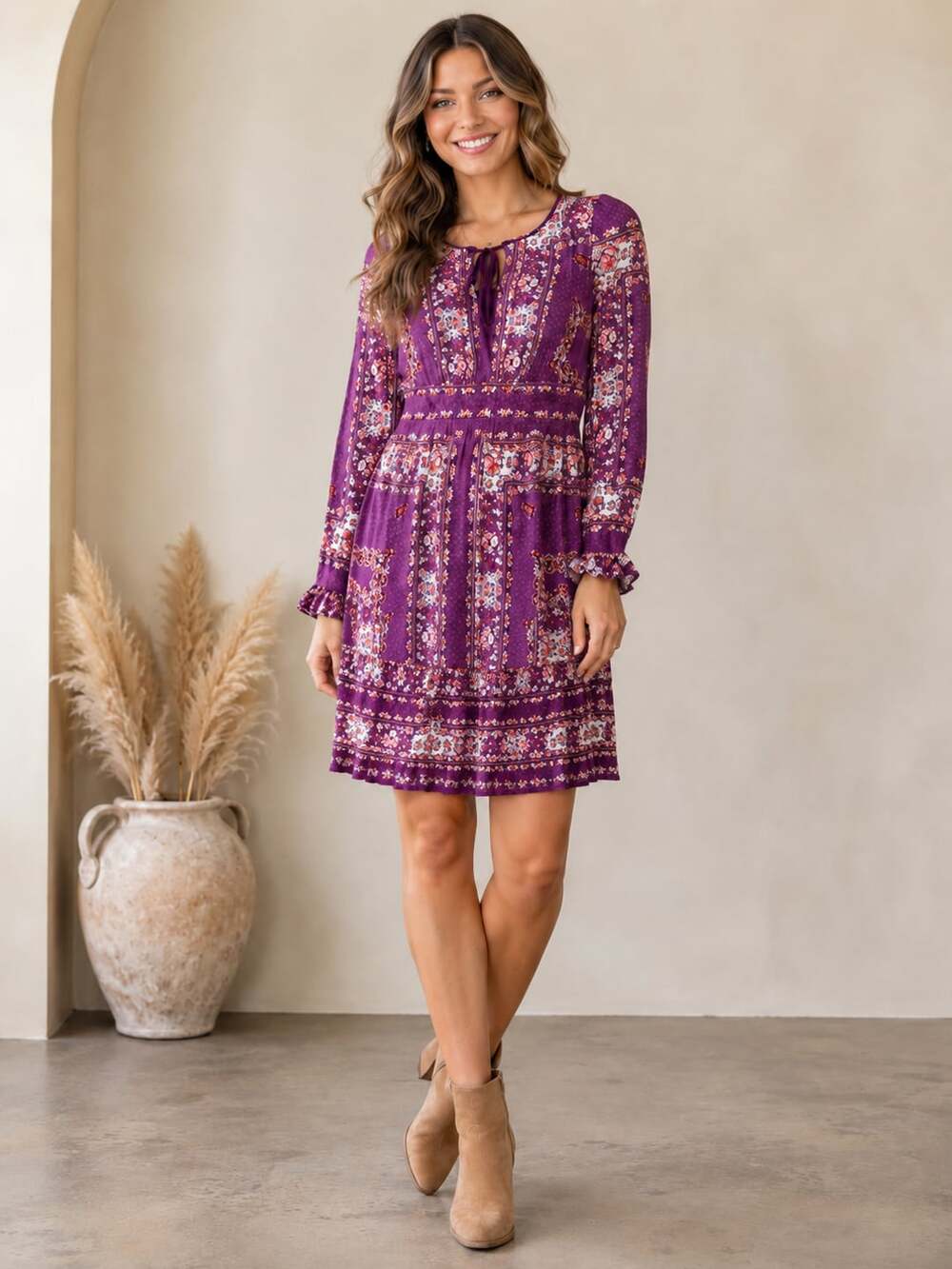 Free People These Dreams Mini Dress XS Purple Floral Boho Long Sleeve Slip